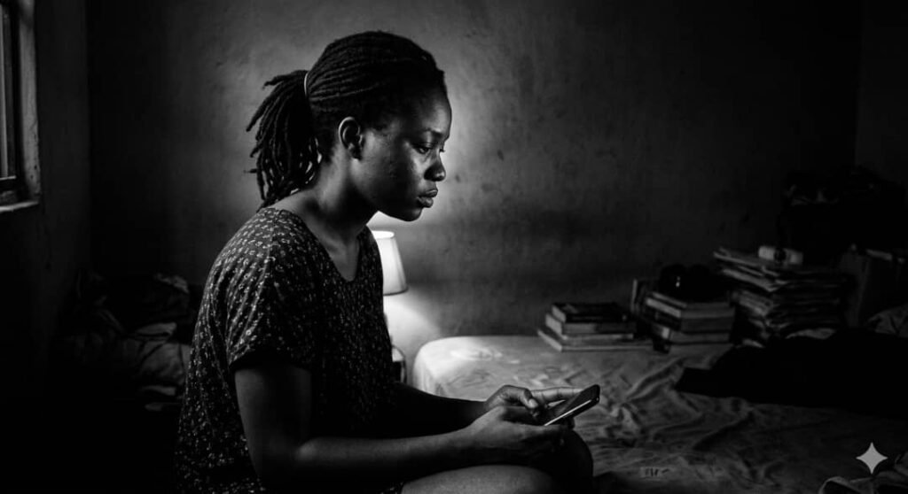 A young Black woman with dreadlocks, wearing a dark patterned dress, sits on a bed in a dim room. She holds a smartphone, her face illuminated by its screen, looking towards it with a somber, pensive expression. Behind her, a bedside lamp casts a warm light on a messy stack of books on the bed. The room is dark with shadows and concrete walls. The image is black and white.