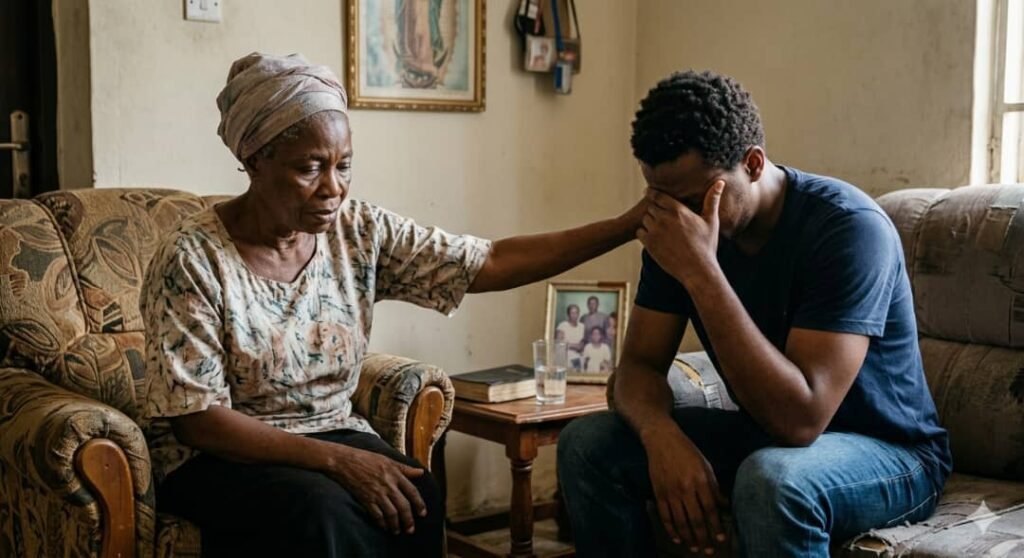 A realistic photograph of an elderly African woman sitting on a floral armchair, reaching out to comfort a young man sitting opposite her who is bowing his head in deep distress.