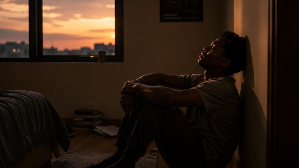 A young person sits alone on a bedroom floor at dusk, leaning against the wall with a tired but reflective expression as warm sunset light fills the room.