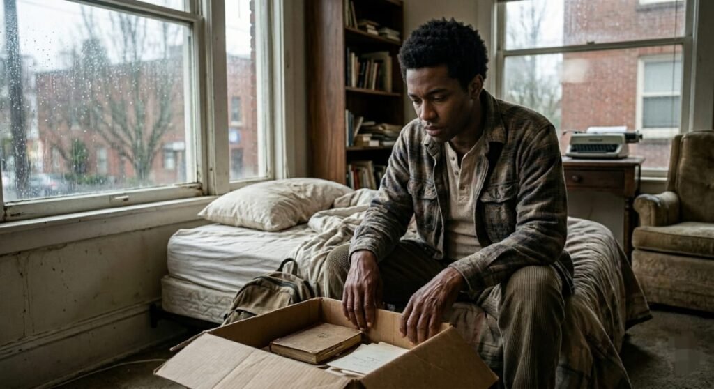 A pensive young Black man sits on an unmade bed in a dimly lit, rain-soaked room, looking down at a box of old papers and a book, with a typewriter and bookshelf in the background.