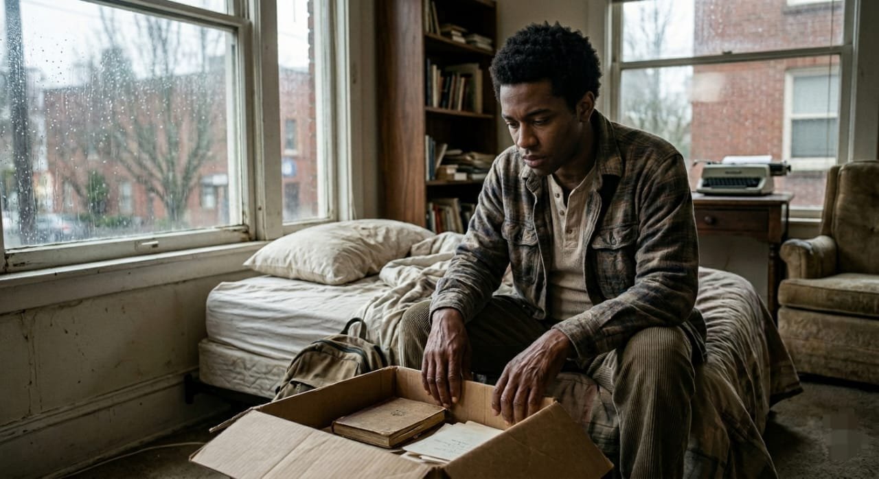A pensive young Black man sits on an unmade bed in a dimly lit, rain-soaked room, looking down at a box of old papers and a book, with a typewriter and bookshelf in the background.