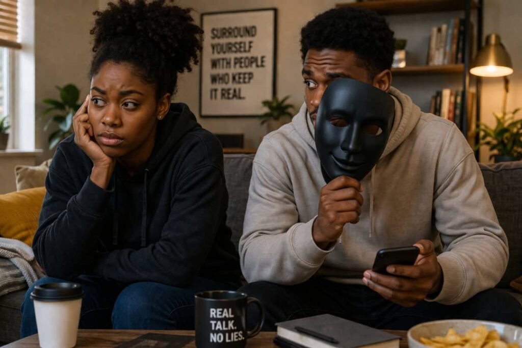 Two Black friends sitting on a couch, one looking distant while the other holds a mask, symbolizing hidden truths and emotional disconnect in friendship