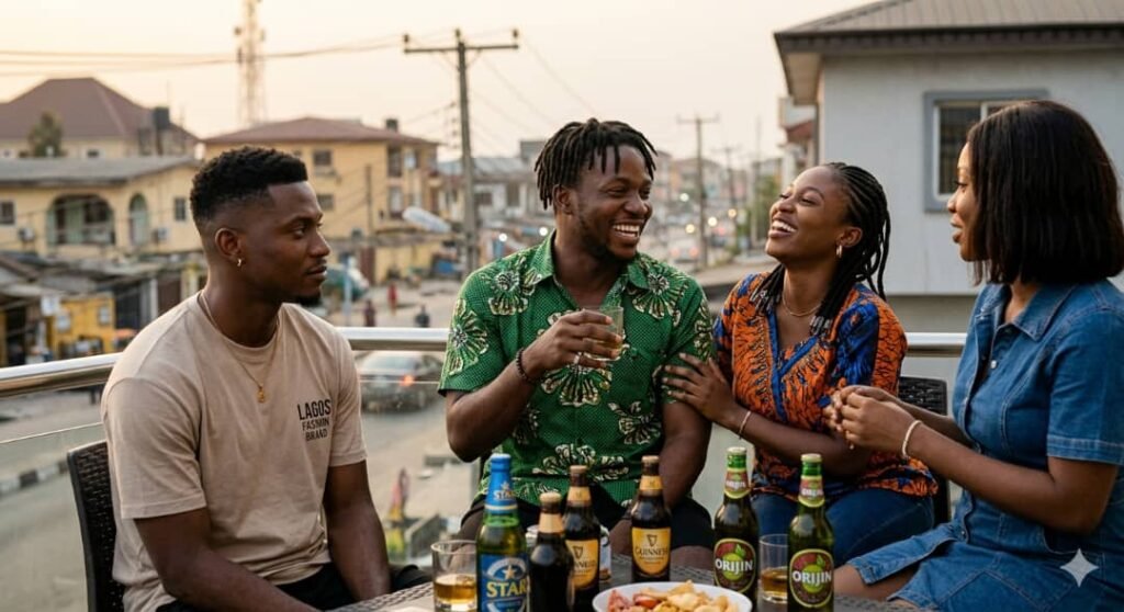 A group of stylish young Nigerians hanging out on a rooftop balcony at sunset; two are laughing together while a third friend watches them with a subtle, serious expression of jealousy.