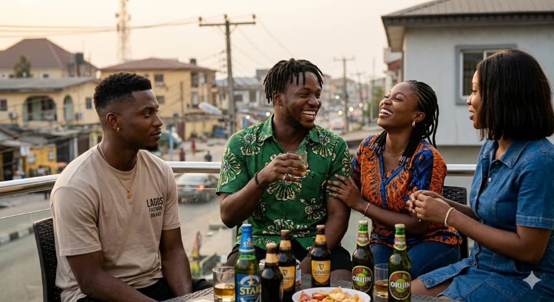 ​A group of stylish young Nigerians hanging out on a rooftop balcony at sunset; two are laughing together while a third friend watches them with a subtle, serious expression of jealousy.