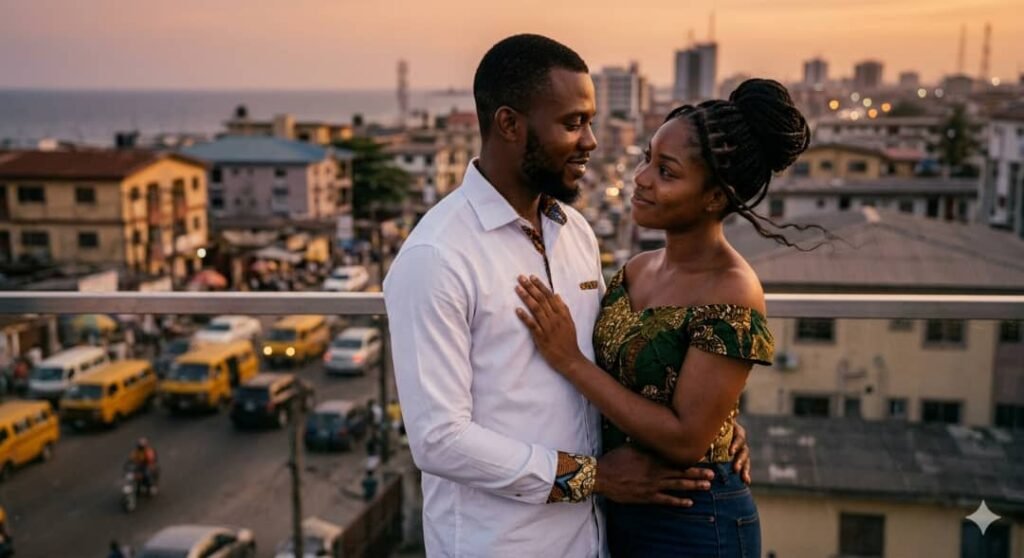 A young Black couple poses lovingly on a Lagos rooftop at sunset, with yellow Danfo buses and the city skyline visible behind them.