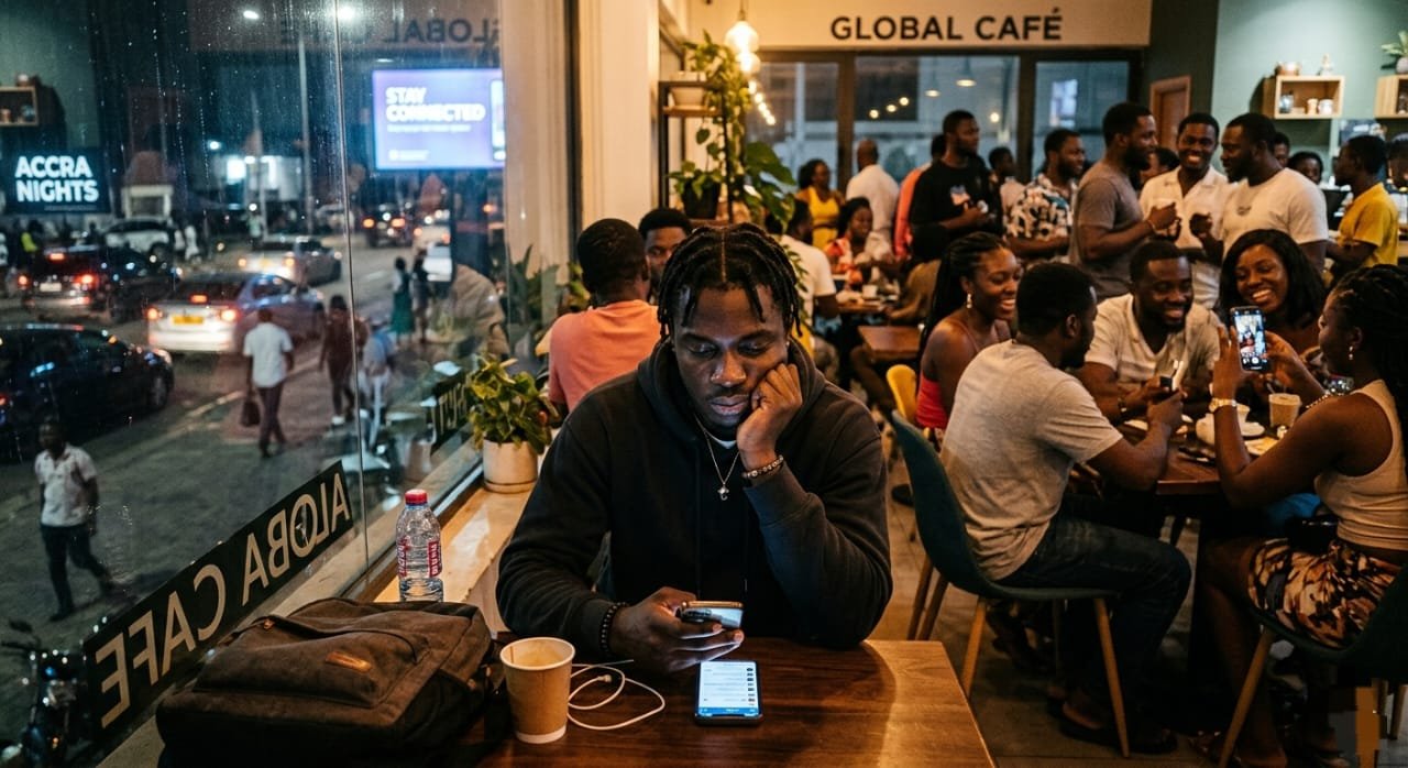 A young man sits alone at a table by a cafe window at night, looking down at his phone with a weary expression while surrounded by groups of friends talking and laughing in the background.