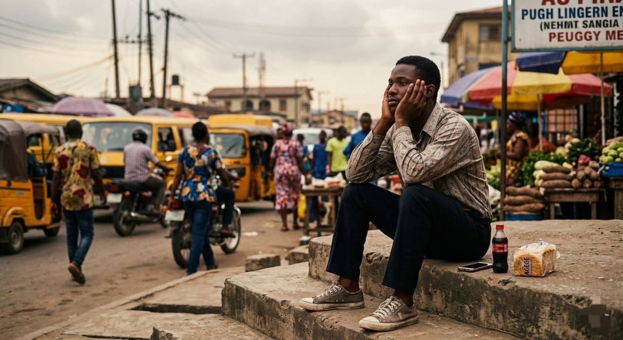A young Nigerian man in a patterned shirt sitting on concrete steps in a bustling Lagos street, looking pensive with his chin in his hands, next to a bottle of Coca-Cola and a loaf of bread.