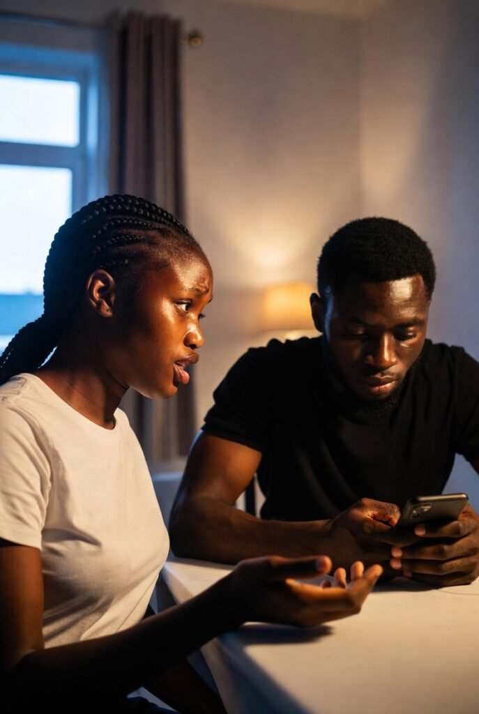 Young Nigerian woman trying to communicate with her partner who is ignoring her and focused on his phone during a conversation at home.