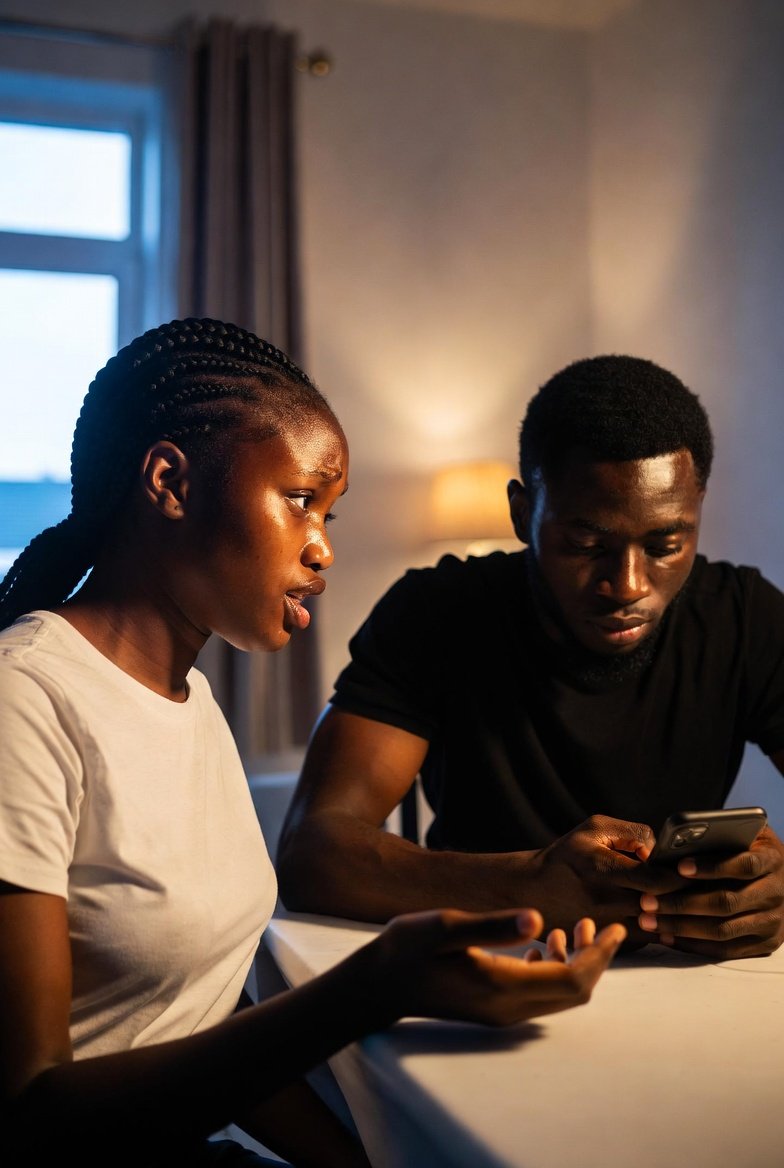 Young Nigerian woman trying to communicate with her partner who is ignoring her and focused on his phone during a conversation at home.