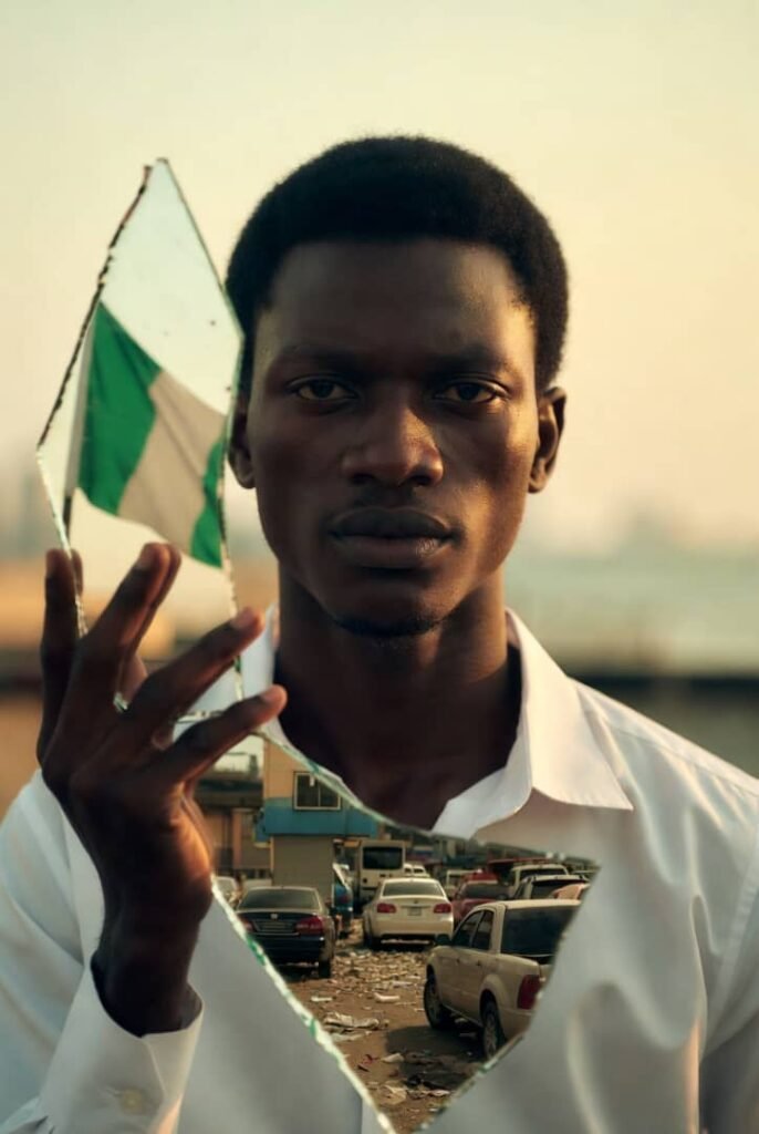 A thoughtful young Nigerian man holding a broken mirror reflecting the Nigerian flag and Lagos streets, symbolizing self-reflection and accountability.