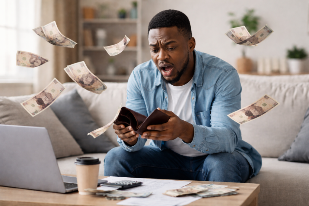 Young African man looking shocked at empty wallet while Nigerian naira notes fly around him in a living room.