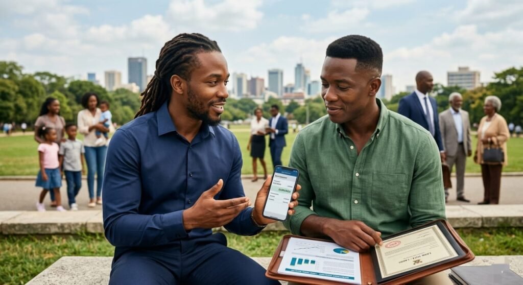 Two Black men sit on a park bench discussing finance, with a cityscape in the background. One man holds a smartphone displaying an earnings app, while the other holds a portfolio with a chart and a certificate, representing a comparison between immediate income and long-term wealth building.