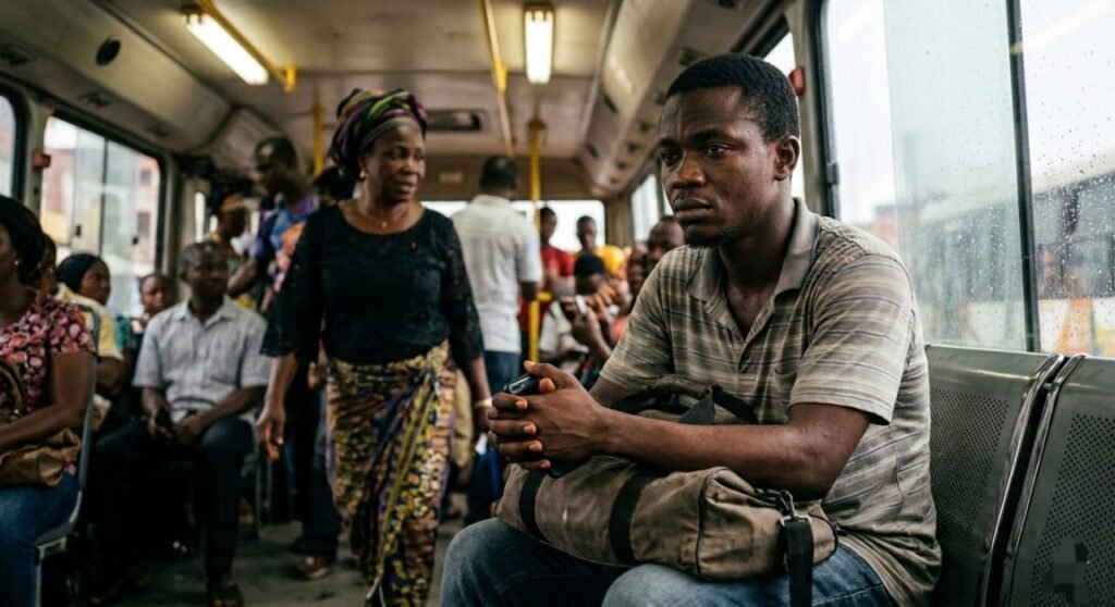 A weary young Nigerian man in a striped polo shirt sits by a rain-streaked window on a packed public bus, looking out pensively. He holds a smartphone and a canvas bag. Behind him, other passengers, including a woman in traditional attire, are visible.