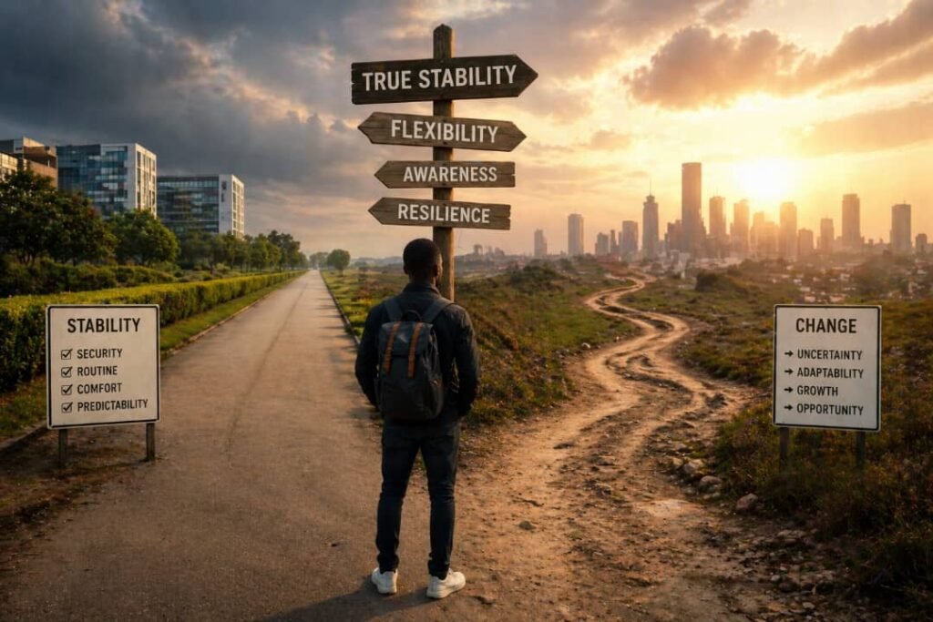 An individual with a backpack stands at a crossroads, choosing between a paved road labeled "Stability" and a winding dirt path labeled "Change," with a central signpost pointing toward "True Stability."