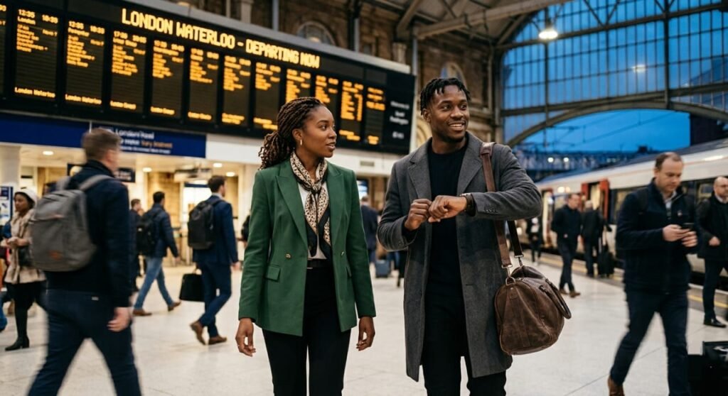 A smiling Black couple walks confidently through a busy train station at dusk.