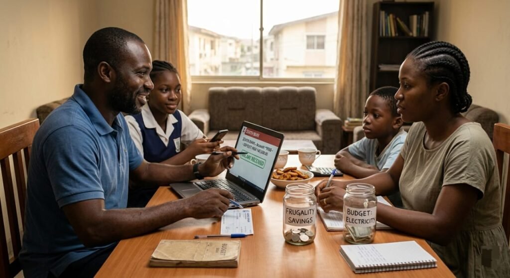 A photograph of a Nigerian family (father, mother, two children) sitting around a table having a serious but hopeful discussion about finances. The father points at an investment goal on a laptop while the mother sits near jars labeled for "frugality savings" and "electricity budget."