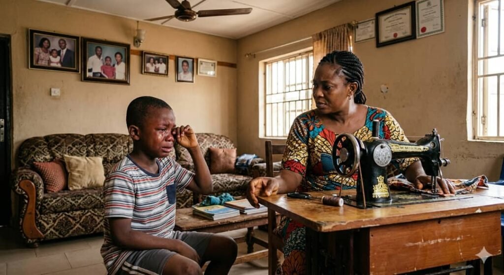 A realistic photograph of a Nigerian mother giving a stern look to her crying son while she works at a sewing machine in their living room.