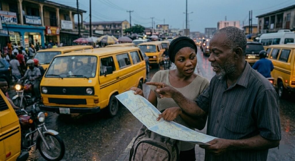 A young Black woman holds an open paper map and looks confused as an older Black man points down a busy Nigerian street, explaining directions. They are standing on a roadside crowded with yellow "Danfo" buses and motorcycles in the twilight.