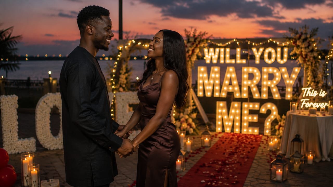 A young Nigerian couple stands outdoors at dusk holding hands and smiling warmly beside a beautifully decorated surprise proposal setup with glowing fairy lights.