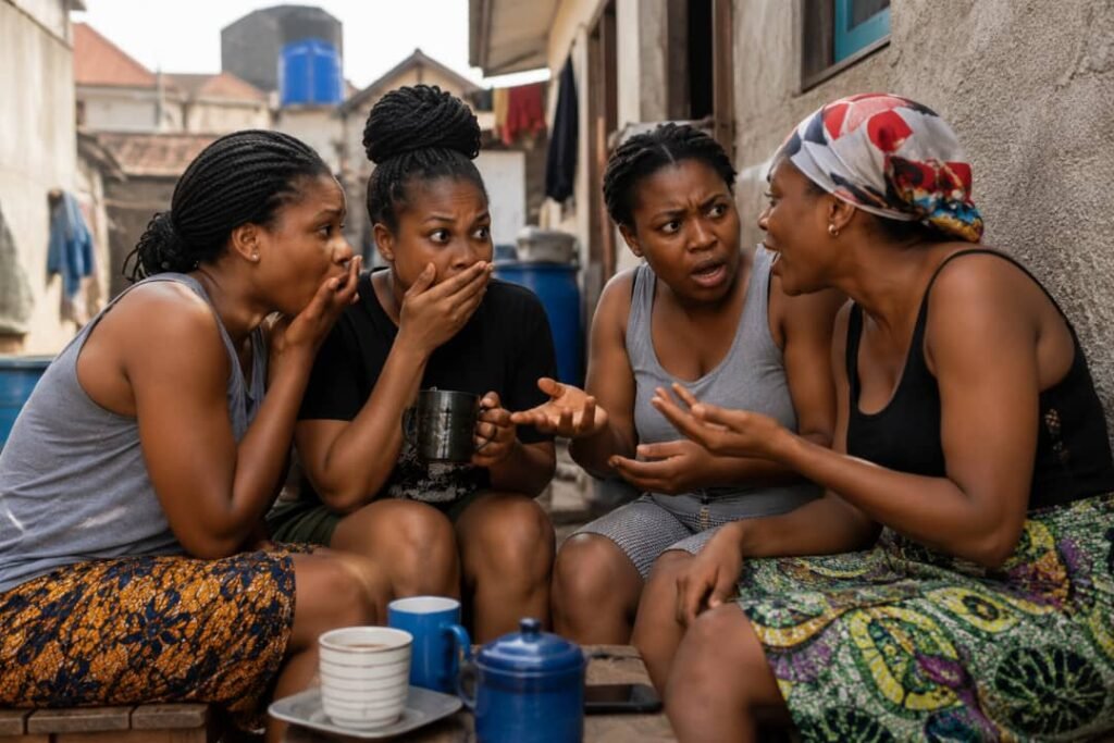 Four Nigerian women sit together outside while reacting dramatically during a lively gossip conversation.