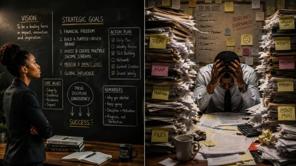 A split-screen scene showing a focused professional planning strategic goals on a chalkboard beside an exhausted worker overwhelmed by chaotic piles of paperwork.