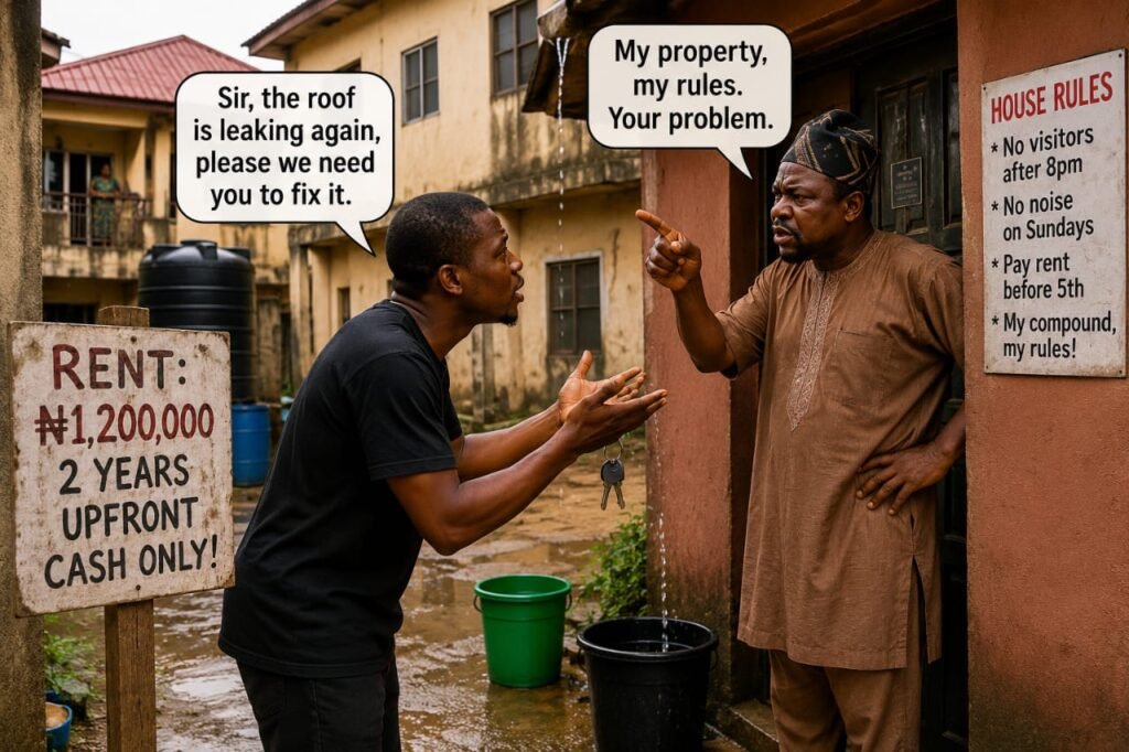 A Nigerian tenant argues with a strict landlord outside a rundown apartment compound with leaking roofs and harsh house rules displayed on the wall.