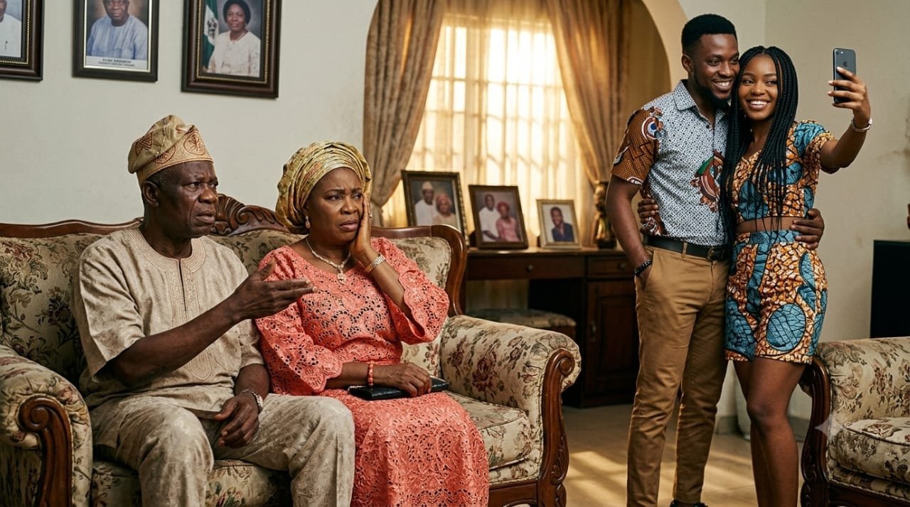 A humorous photograph capturing a generational divide in a Nigerian living room, with perplexed older parents on a sofa on the left and a young, stylish couple in matching Ankara prints taking a selfie on the right.
