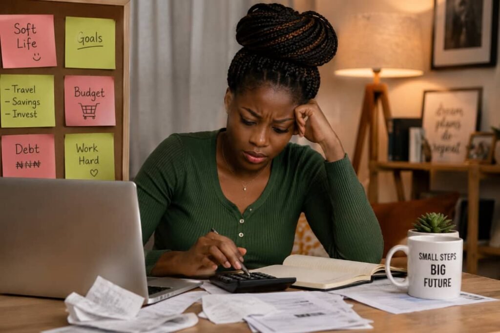 A young Nigerian woman sits at a desk calculating bills while maintaining a polished “soft life” aesthetic at home.