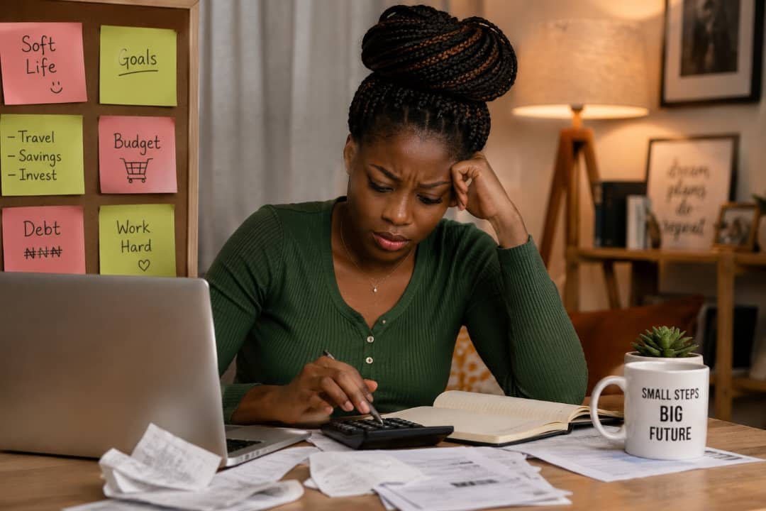 A young Nigerian woman sits at a desk calculating bills while maintaining a polished “soft life” aesthetic at home.
