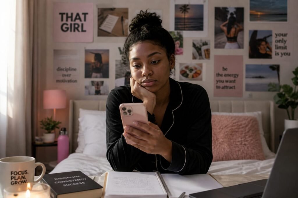 Black woman sitting on her bed scrolling her phone with a “That Girl” vision board behind her.