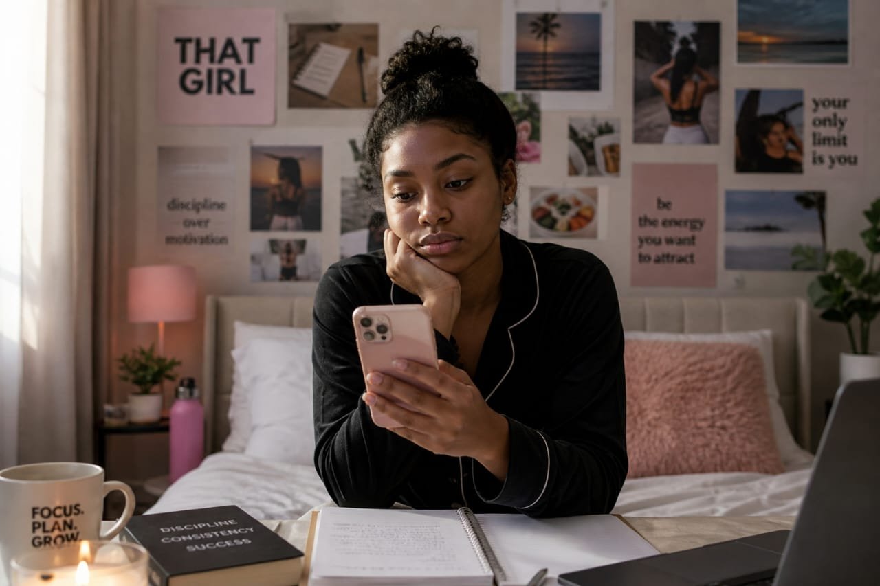 Black woman sitting on her bed scrolling her phone with a “That Girl” vision board behind her.
