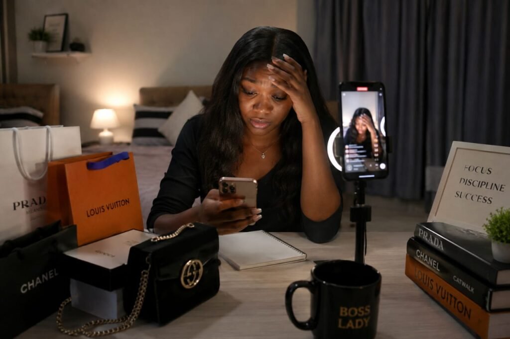 A stressed young Nigerian woman sits in front of a phone recording setup surrounded by luxury shopping bags, reflecting the pressure of looking successful online.