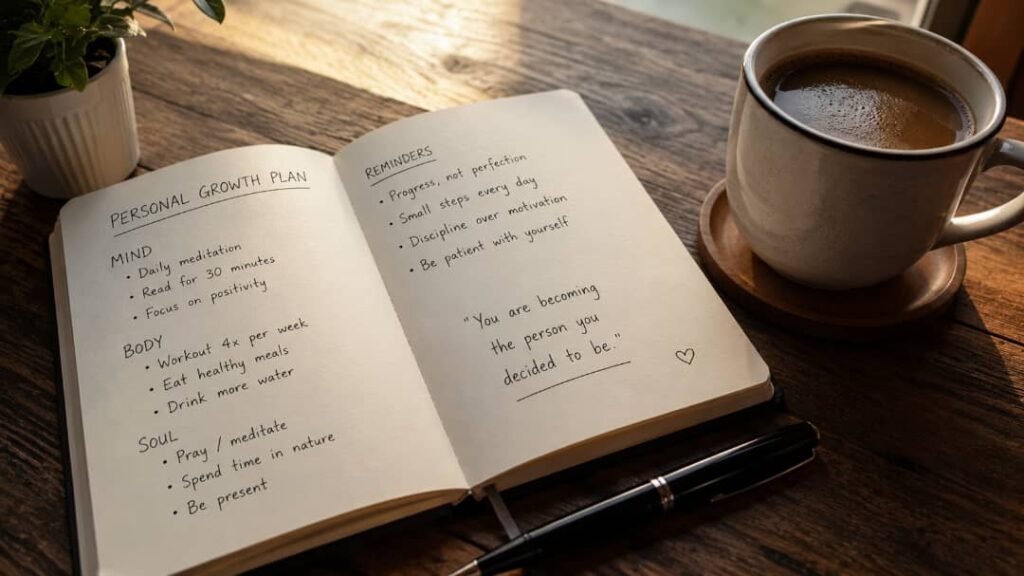 An open journal filled with handwritten personal growth notes sits beside a warm cup of coffee on a wooden table in soft morning light.