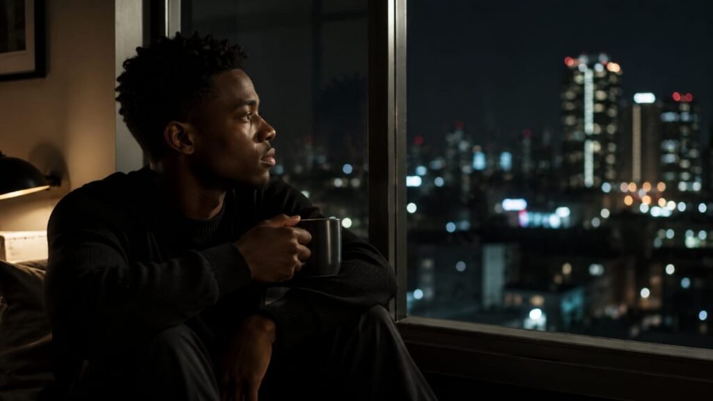 A young person sits quietly by a window at night, holding a warm mug while thoughtfully looking out at a blurred city skyline.