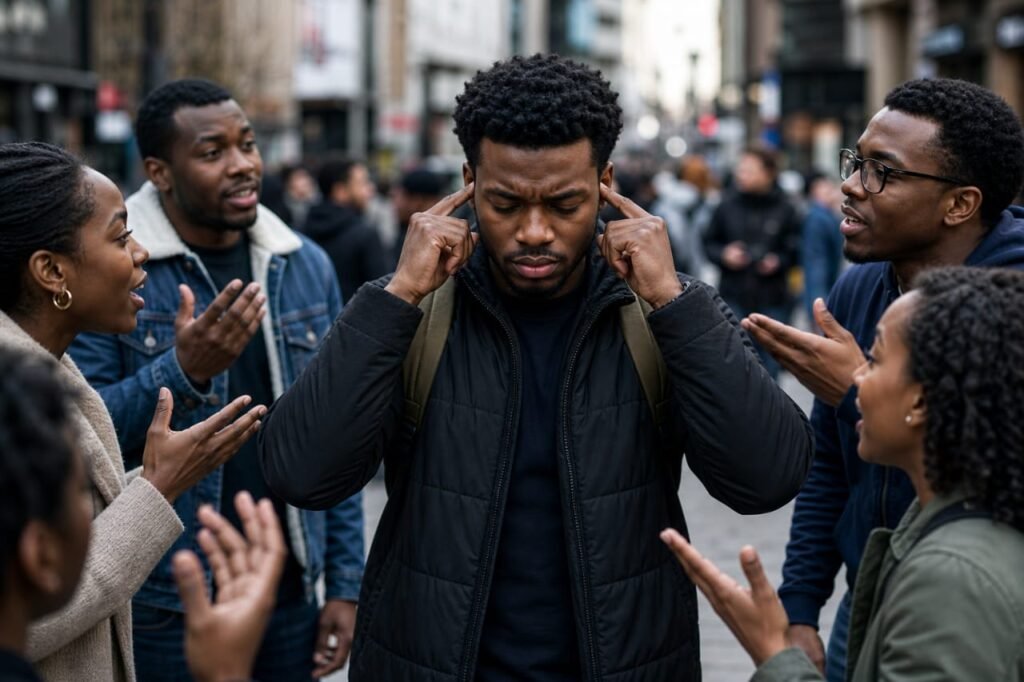 Young Black man in a busy street covering his ears while people around him talk and gesture.