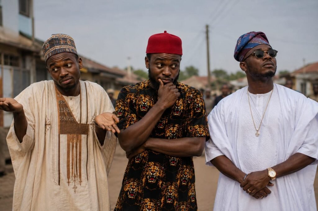 Three Nigerian men in traditional outfits stand together on a street with expressive reactions, reflecting tribal stereotypes and social tension in a humorous way.