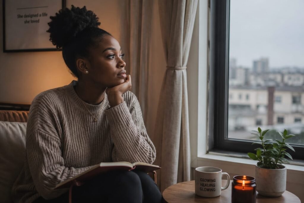 A thoughtful young Nigerian woman sits quietly beside a window in a cozy room, reflecting deeply while looking outside.