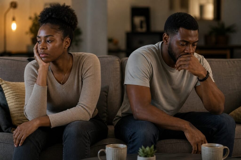 Black couple sitting apart on a couch, looking distant and thoughtful, reflecting emotional disconnect.