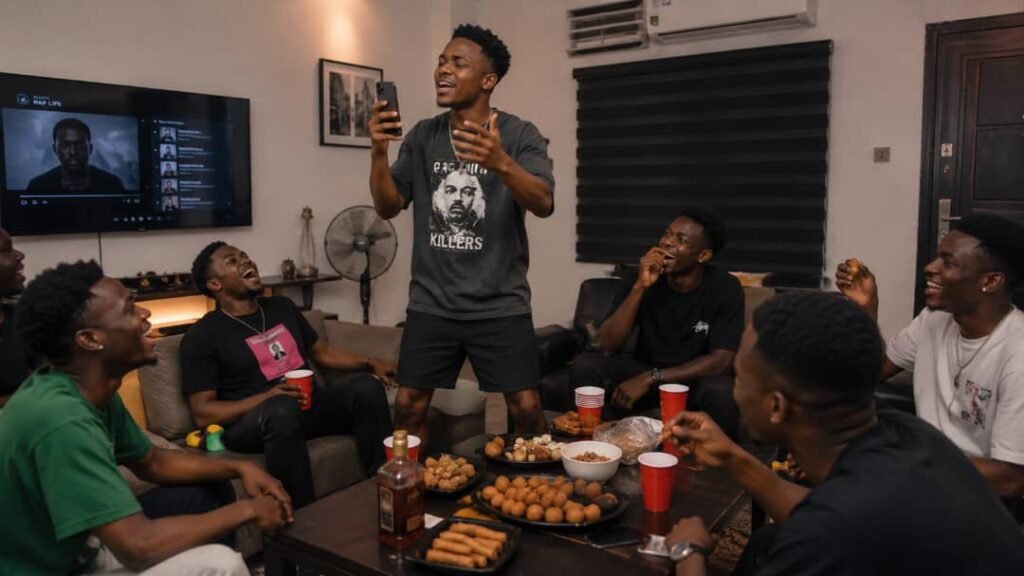 A young Nigerian man passionately raps lyrics from his phone in a living room while his friends laugh, cheer, and eat small chops together.