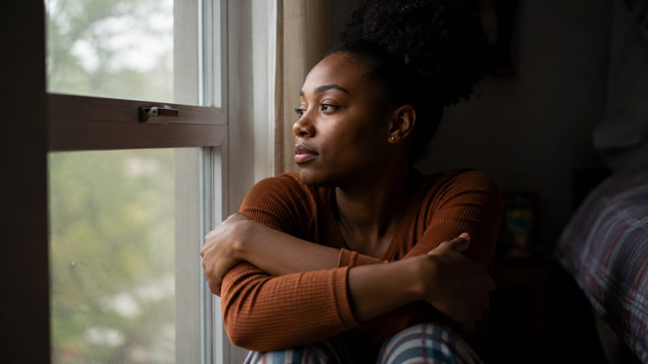 A young woman sits by a window in soft daylight, holding herself closely while staring outside in deep thought.