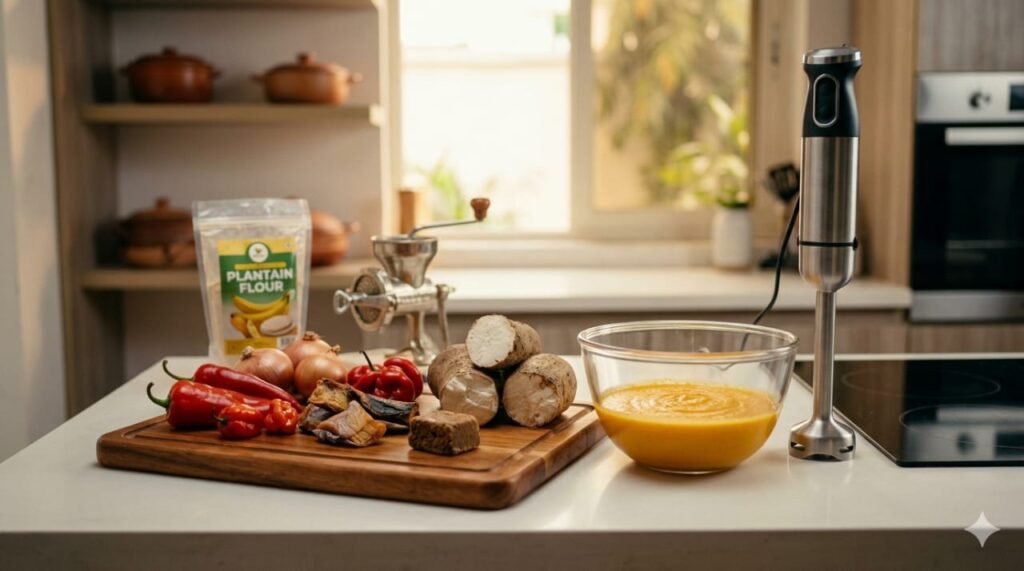 A realistic cinematic shot on a modern kitchen counter in Lagos, Nigeria, showcasing a dynamic interplay between traditional West African ingredients and alternative cooking trends. Traditional components like tatashe and shombo peppers, smoked stockfish, locust bean, and raw yams sit on a wooden chopping board next to a clean glass mixing bowl containing a smooth, bright orange-yellow vegetable-based sauce base.