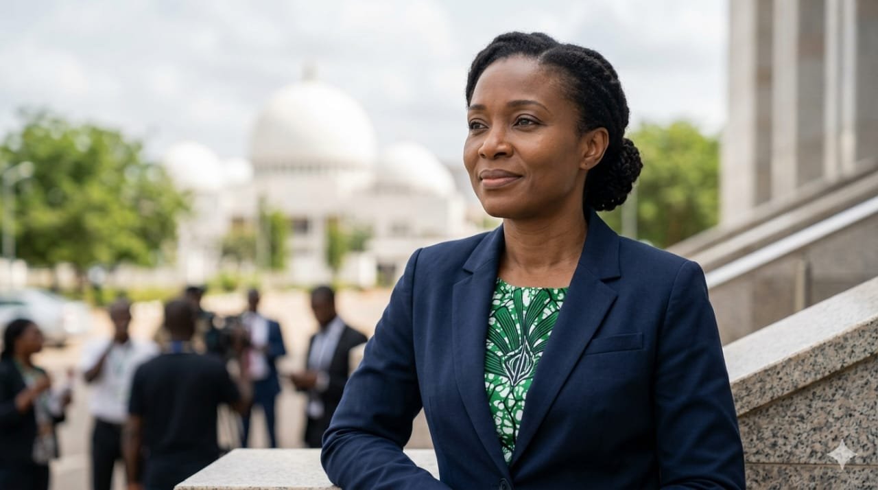 Realistic medium shot of a poised and professional Nigerian woman in a navy blue blazer and green patterned dress standing outside a government building, looking confidently ahead.