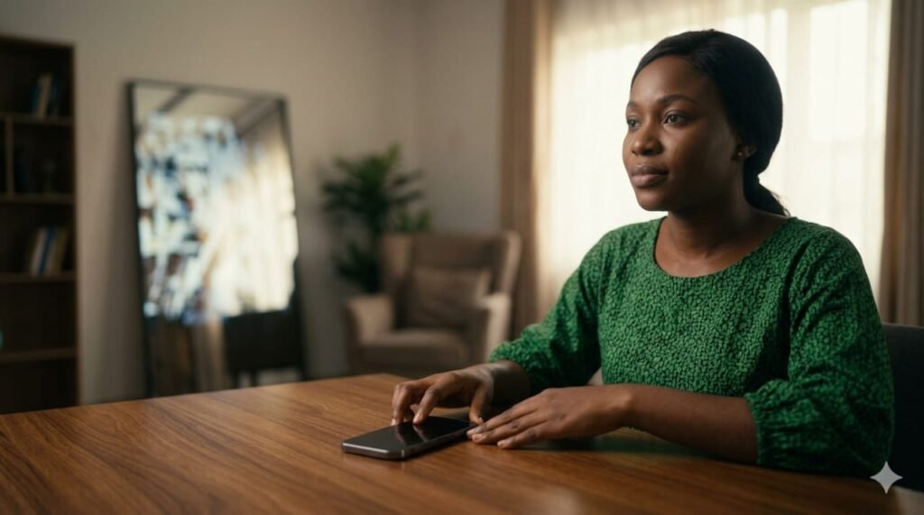 A realistic cinematic shot of a thoughtful young Nigerian woman sitting at a wooden table, placing her smartphone face down to enjoy a quiet, private moment.