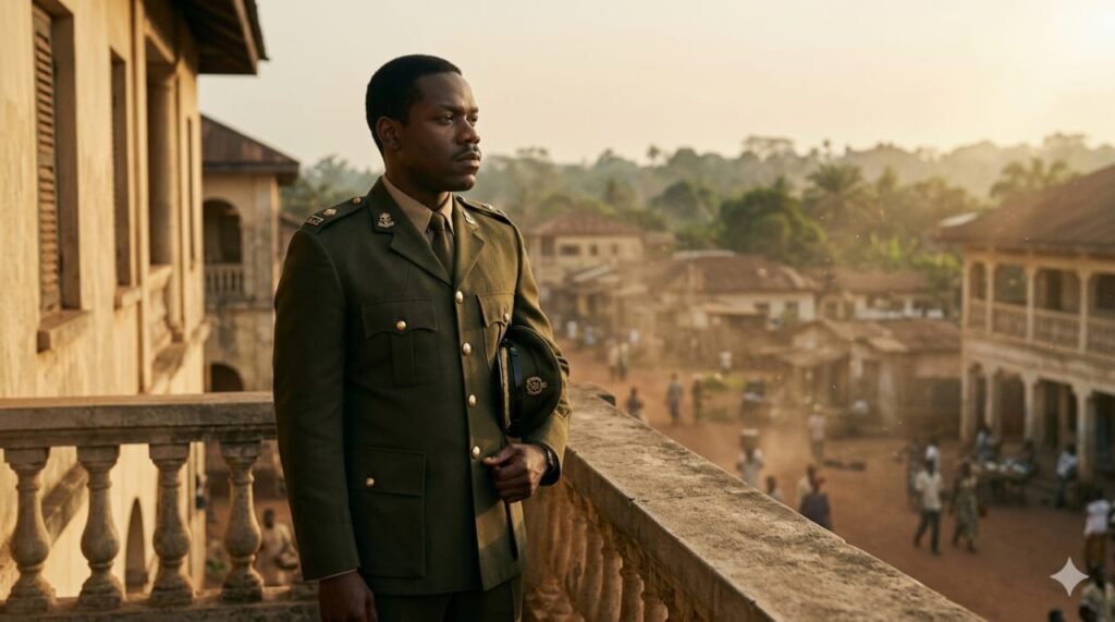 A realistic, cinematic historical depiction of a young, confident military leader in a 1960s West African uniform looking thoughtfully into the distance from a balcony.